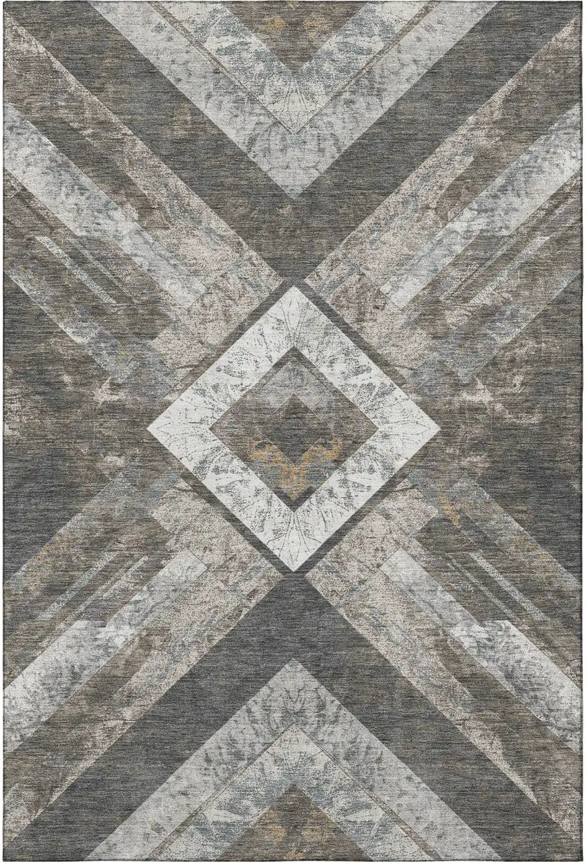 Brown Gray And Ivory Geometric Washable Area Rug With UV Protection Photo 4