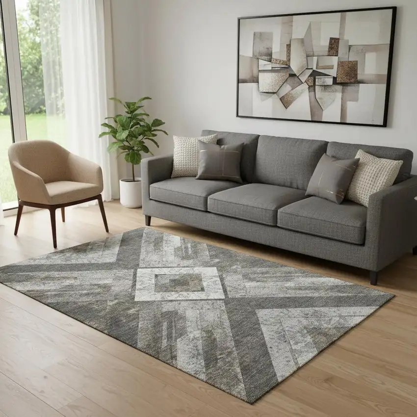 Brown Gray And Ivory Geometric Washable Area Rug With UV Protection Photo 2