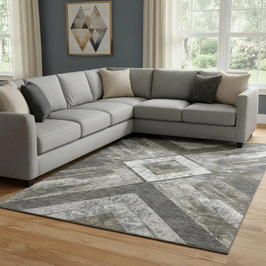 Brown Gray And Ivory Geometric Washable Area Rug With UV Protection Photo 2