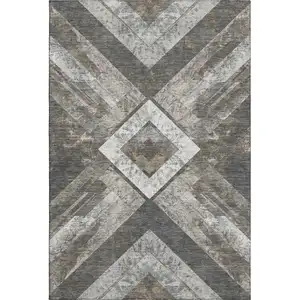 Photo of Brown Gray And Ivory Geometric Washable Area Rug With UV Protection
