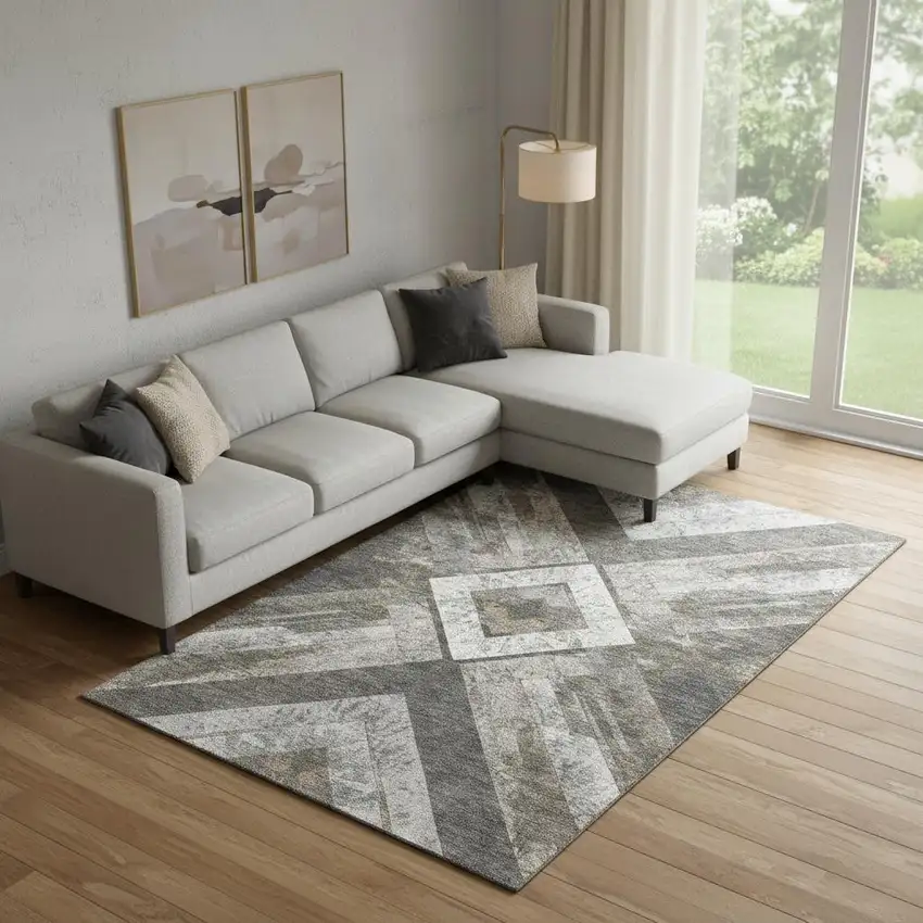 Brown Gray And Ivory Geometric Washable Area Rug With UV Protection Photo 2
