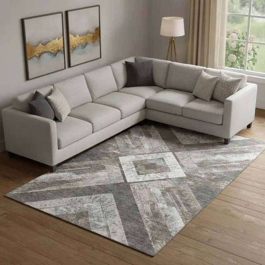 Brown Gray And Ivory Geometric Washable Area Rug With UV Protection Photo 2
