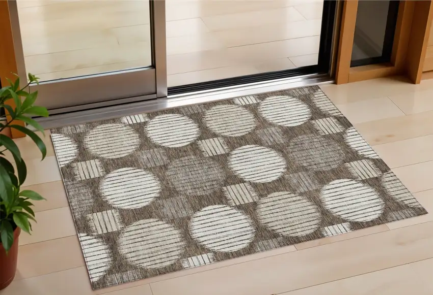Brown Gray And Ivory Geometric Washable Indoor Outdoor Area Rug Photo 1