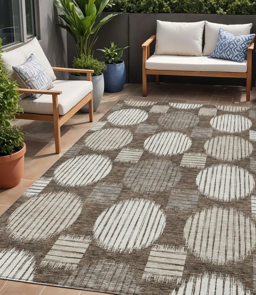 Brown Gray And Ivory Geometric Washable Indoor Outdoor Area Rug Photo 1