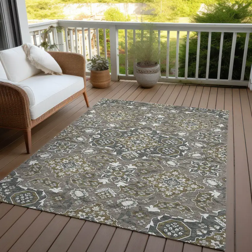 Brown Gray And Ivory Medallion Washable Indoor Outdoor Area Rug Photo 4