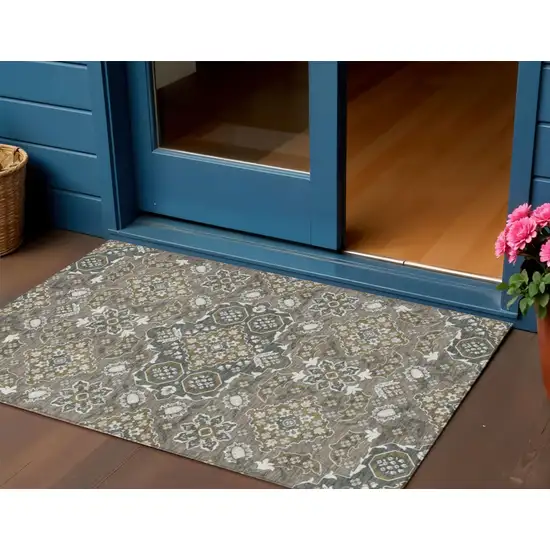 Brown Gray And Ivory Medallion Washable Indoor Outdoor Area Rug Photo 2