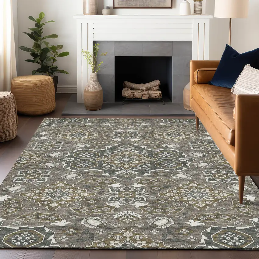 Brown Gray And Ivory Medallion Washable Indoor Outdoor Area Rug Photo 5
