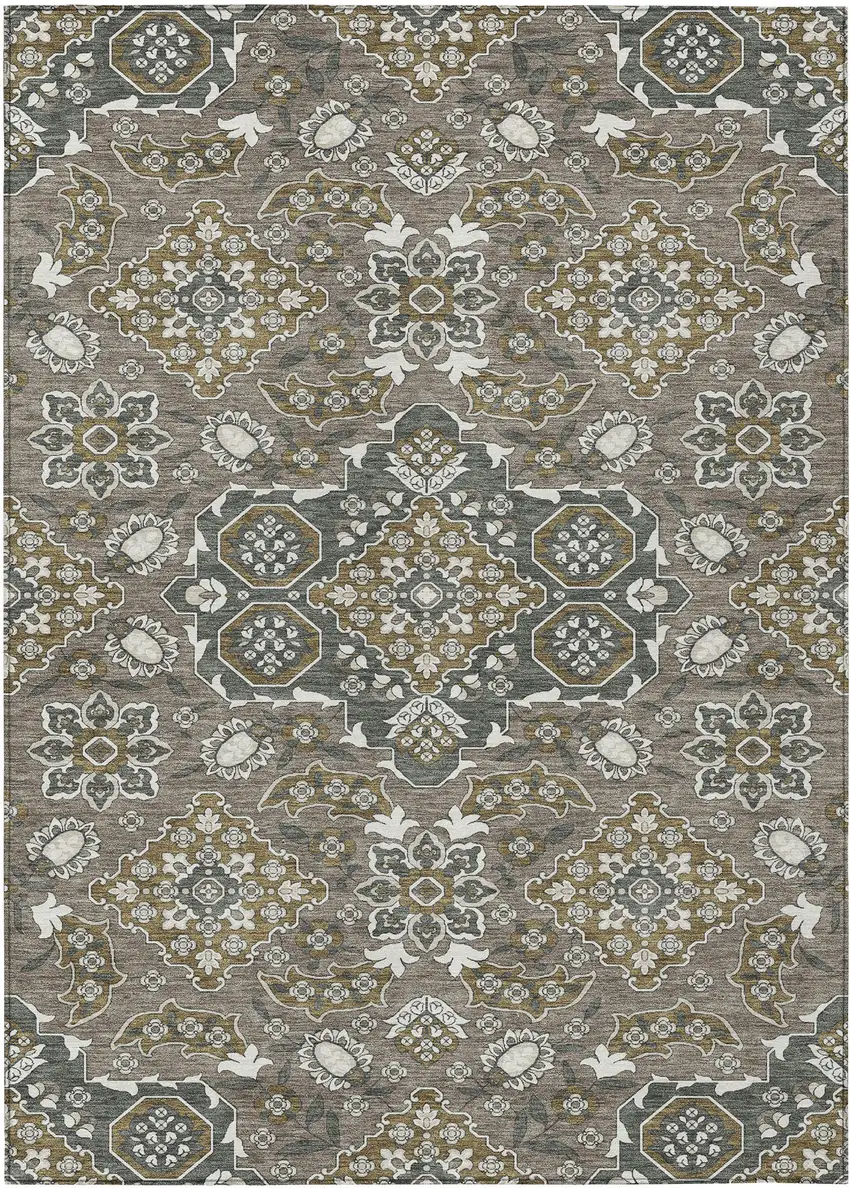 Brown Gray And Ivory Medallion Washable Indoor Outdoor Area Rug Photo 1