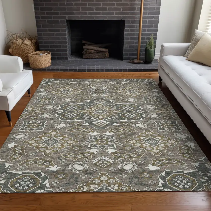 Brown Gray And Ivory Medallion Washable Indoor Outdoor Area Rug Photo 6