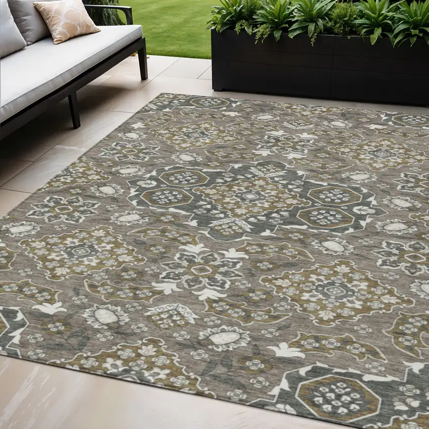 Brown Gray And Ivory Medallion Washable Indoor Outdoor Area Rug Photo 2