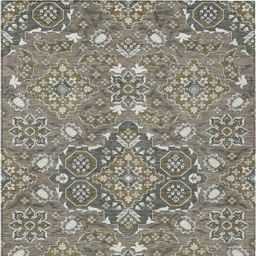 Brown Gray And Ivory Medallion Washable Indoor Outdoor Area Rug Photo 4