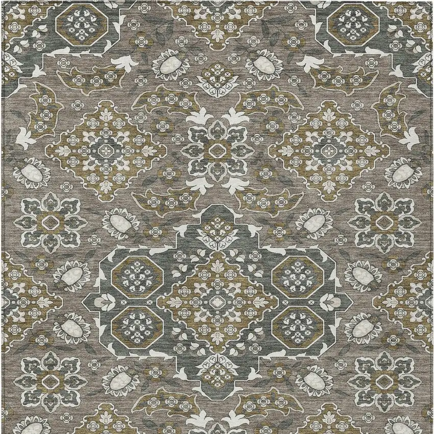 Brown Gray And Ivory Medallion Washable Indoor Outdoor Area Rug Photo 9