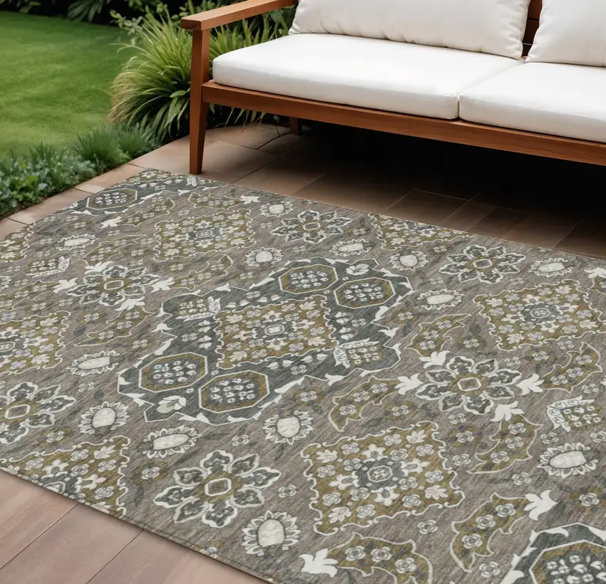 Brown Gray And Ivory Medallion Washable Indoor Outdoor Area Rug Photo 2
