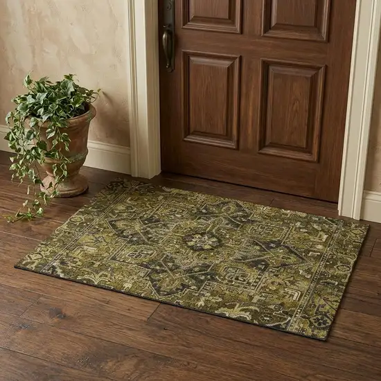 Brown Gray And Ivory Oriental Washable Area Rug With UV Protection Photo 1