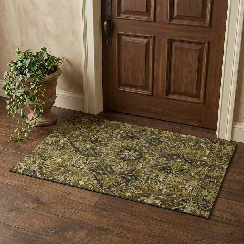 Brown Gray And Ivory Oriental Washable Area Rug With UV Protection Photo 1