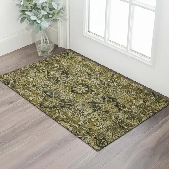 Brown Gray And Ivory Oriental Washable Area Rug With UV Protection Photo 1
