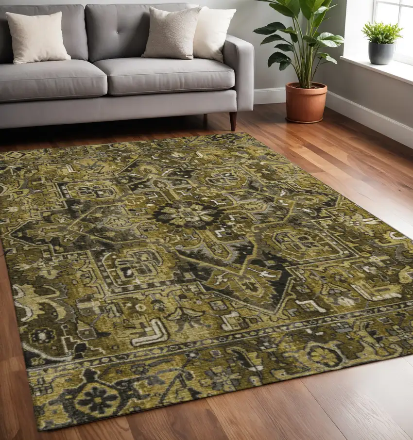 Brown Gray And Ivory Oriental Washable Area Rug With UV Protection Photo 2