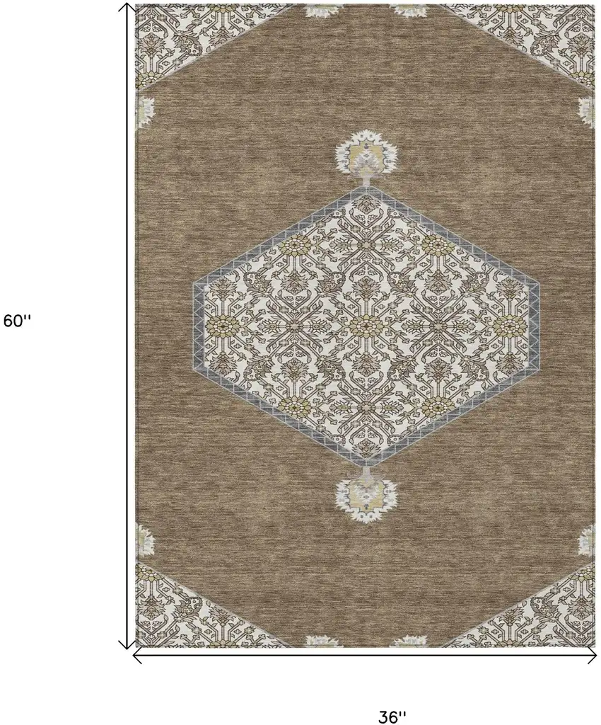 Brown Gray And Ivory Oriental Washable Indoor Outdoor Area Rug Photo 3