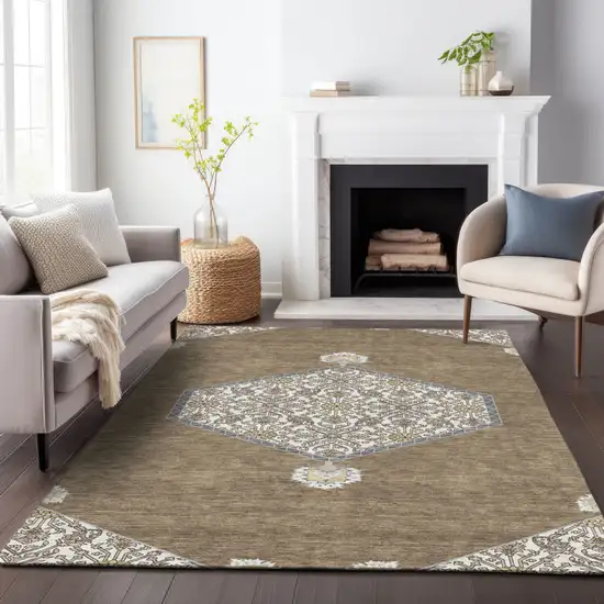Brown Gray And Ivory Oriental Washable Indoor Outdoor Area Rug Photo 9