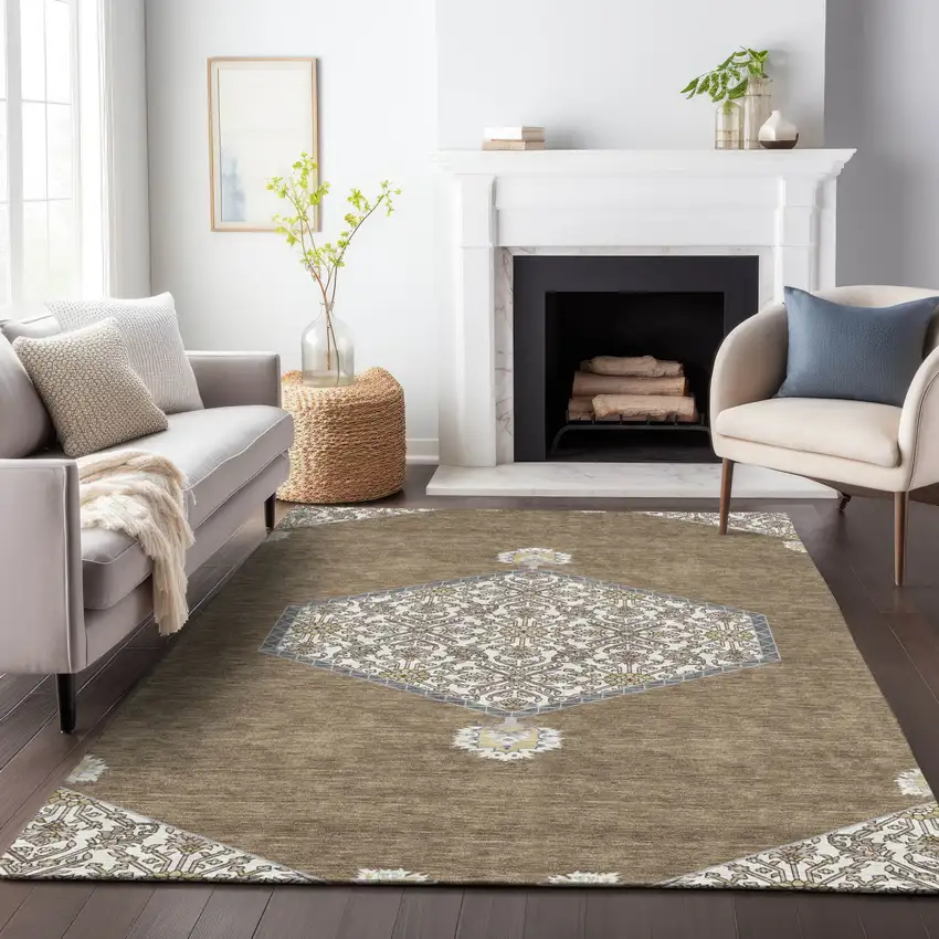 Brown Gray And Ivory Oriental Washable Indoor Outdoor Area Rug Photo 9
