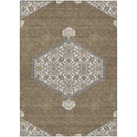 Brown Gray And Ivory Oriental Washable Indoor Outdoor Area Rug Photo 2