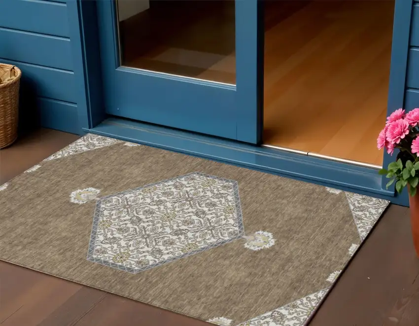Brown Gray And Ivory Oriental Washable Indoor Outdoor Area Rug Photo 1