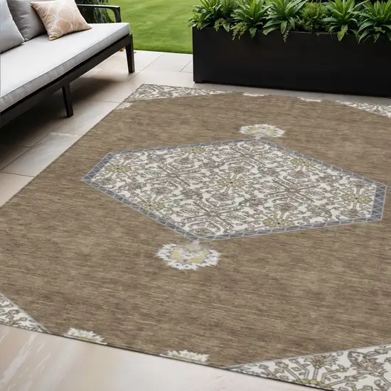 Brown Gray And Ivory Oriental Washable Indoor Outdoor Area Rug Photo 1