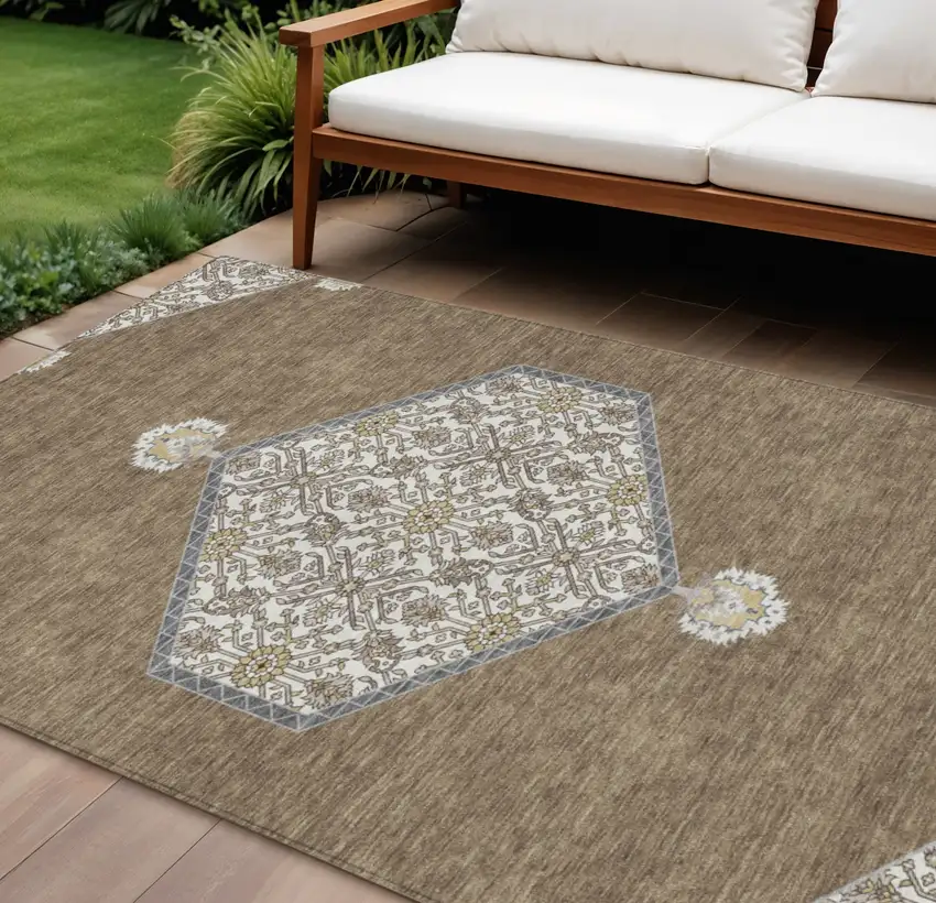 Brown Gray And Ivory Oriental Washable Indoor Outdoor Area Rug Photo 1
