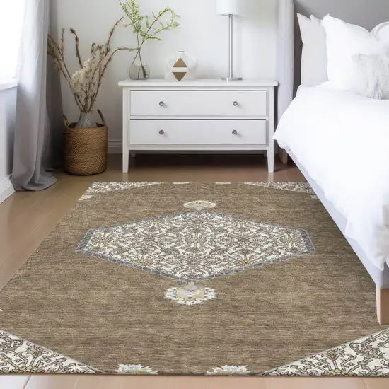 Brown Gray And Ivory Oriental Washable Indoor Outdoor Area Rug Photo 9