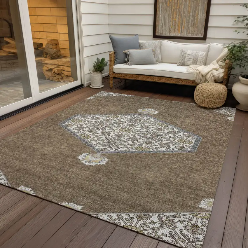 Brown Gray And Ivory Oriental Washable Indoor Outdoor Area Rug Photo 7