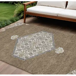 Photo of Brown Gray And Ivory Oriental Washable Indoor Outdoor Area Rug