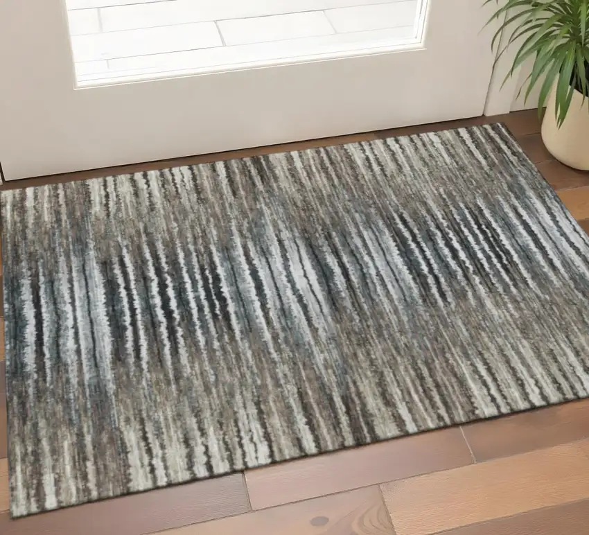 Brown Gray And Ivory Striped Washable Area Rug With UV Protection Photo 1