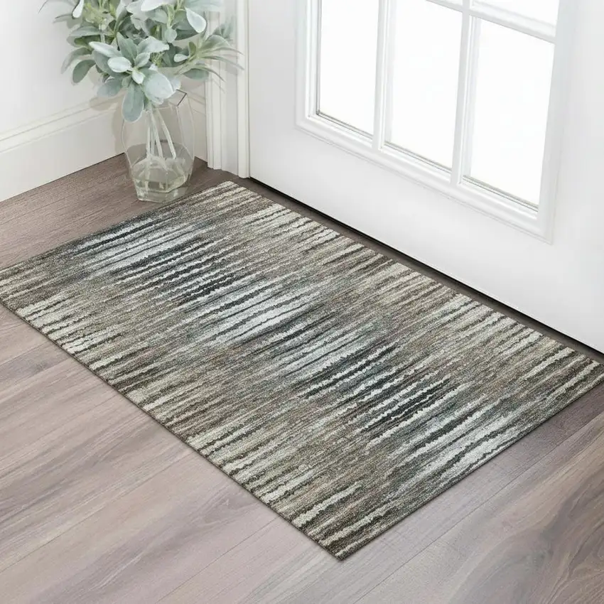 Brown Gray And Ivory Striped Washable Area Rug With UV Protection Photo 1