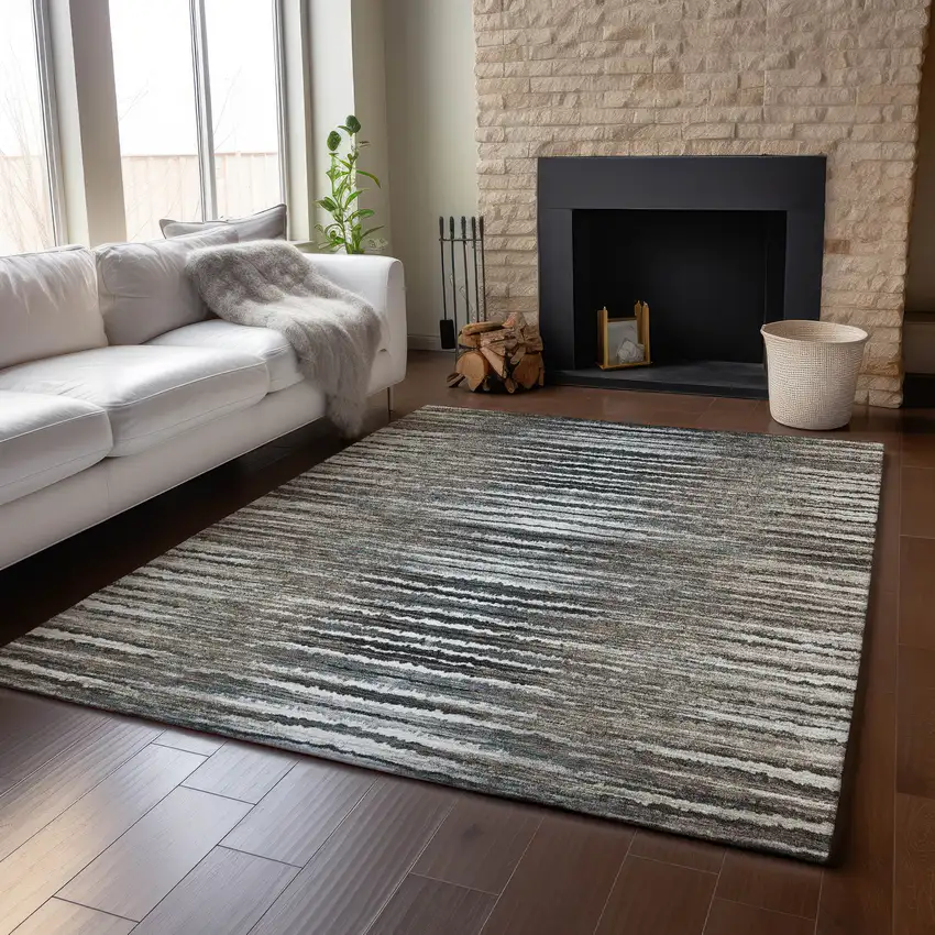 Brown Gray And Ivory Striped Washable Area Rug With UV Protection Photo 4