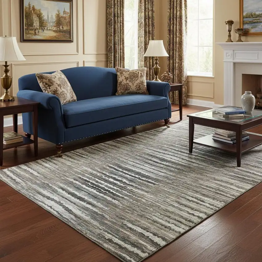 Brown Gray And Ivory Striped Washable Area Rug With UV Protection Photo 2