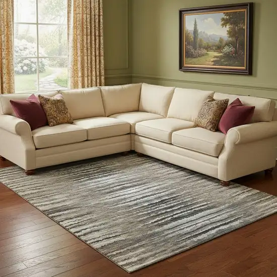 Brown Gray And Ivory Striped Washable Area Rug With UV Protection Photo 1