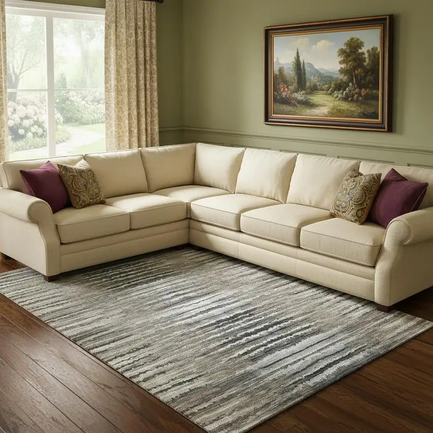 Brown Gray And Ivory Striped Washable Area Rug With UV Protection Photo 1