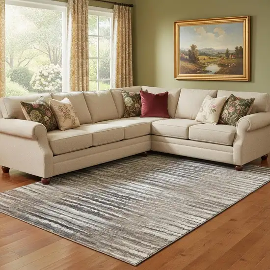 Brown Gray And Ivory Striped Washable Area Rug With UV Protection Photo 1