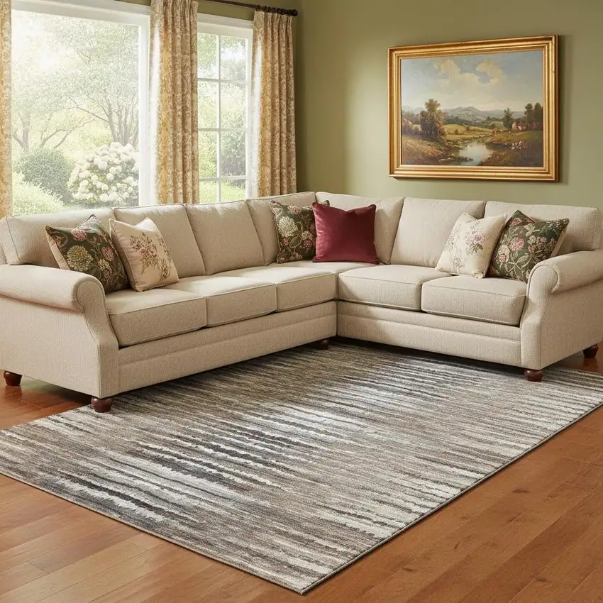 Brown Gray And Ivory Striped Washable Area Rug With UV Protection Photo 1