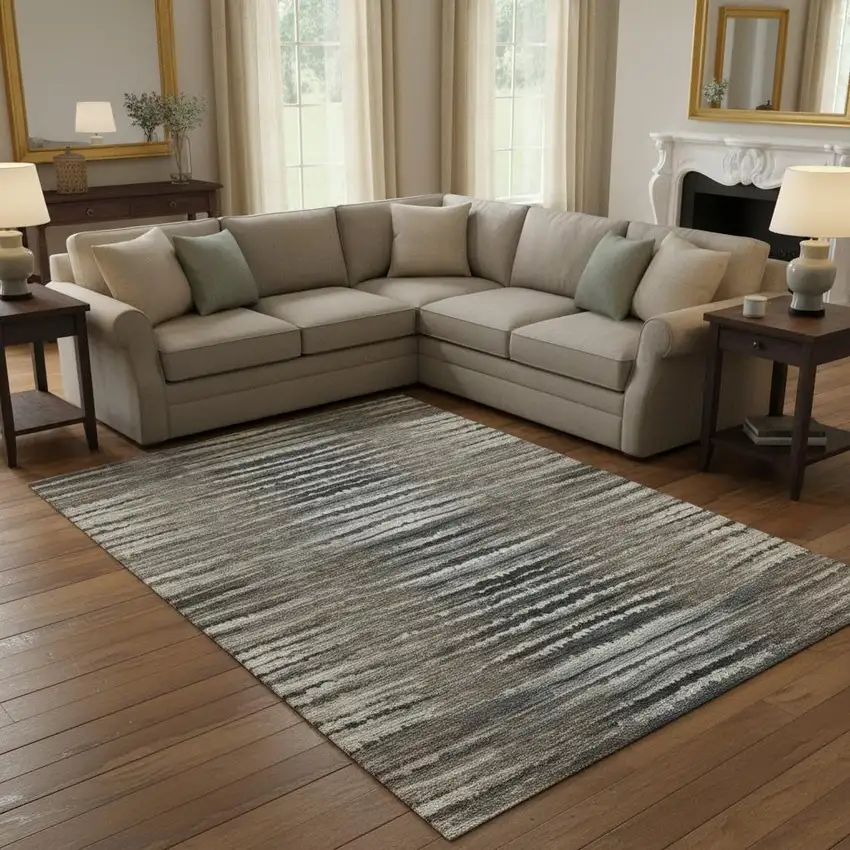 Brown Gray And Ivory Striped Washable Area Rug With UV Protection Photo 2