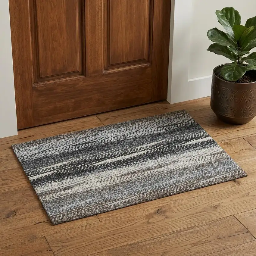 Brown Gray And Ivory Striped Washable Area Rug With UV Protection Photo 1
