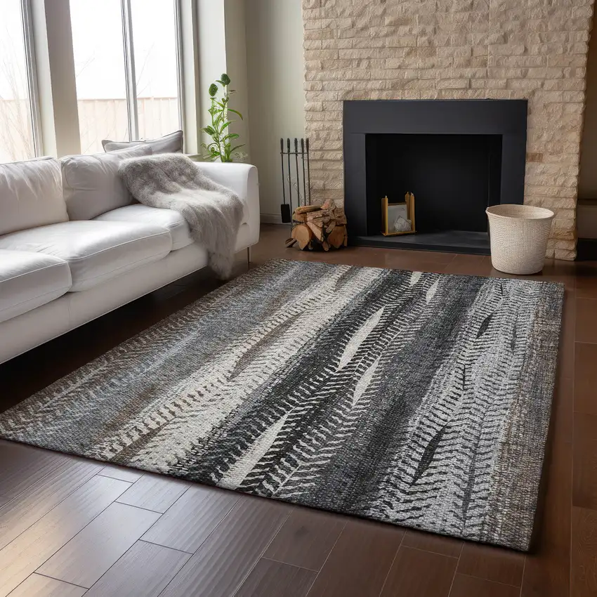 Brown Gray And Ivory Striped Washable Area Rug With UV Protection Photo 6