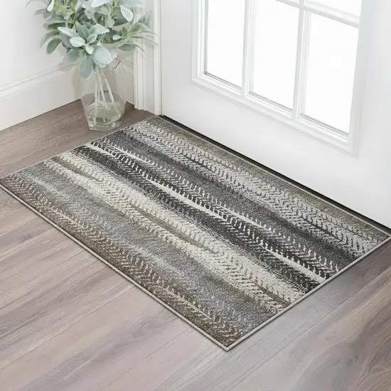 Brown Gray And Ivory Striped Washable Area Rug With UV Protection Photo 2