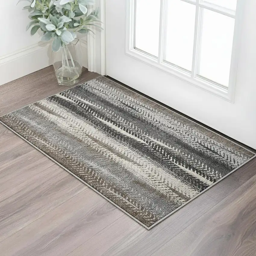 Brown Gray And Ivory Striped Washable Area Rug With UV Protection Photo 2