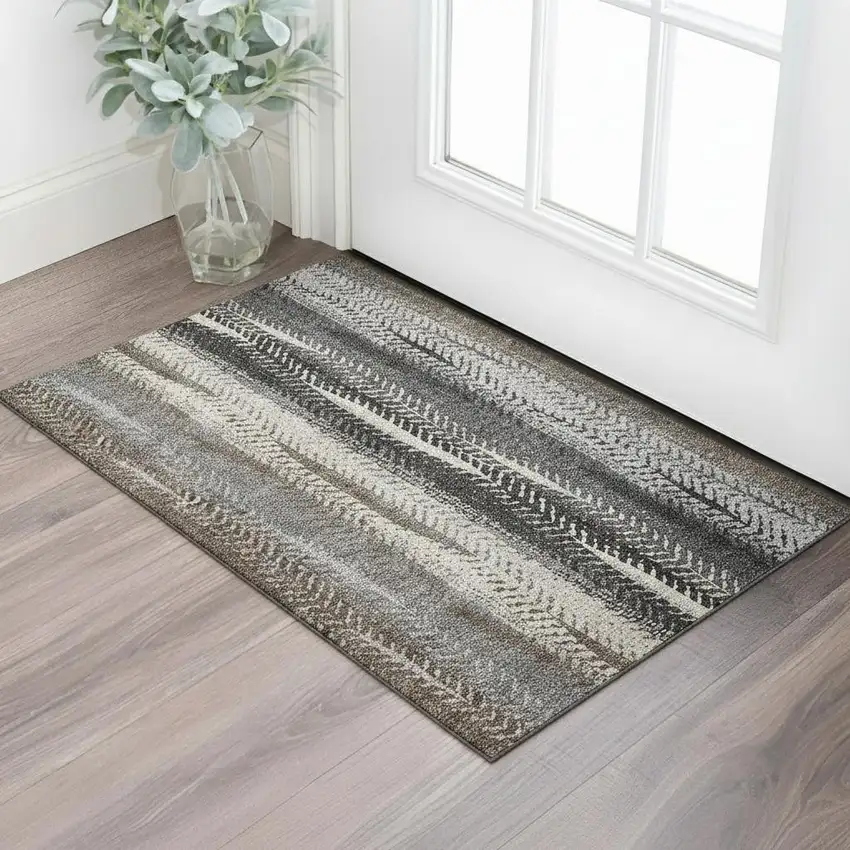 Brown Gray And Ivory Striped Washable Area Rug With UV Protection Photo 1