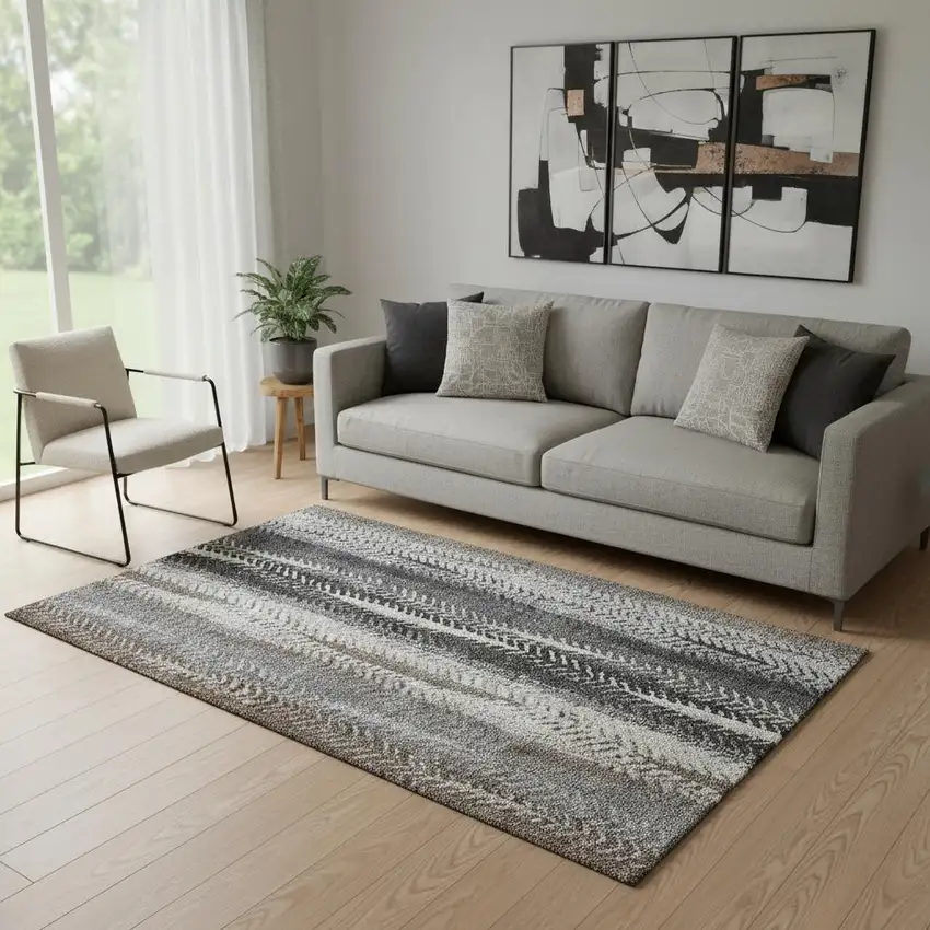 Brown Gray And Ivory Striped Washable Area Rug With UV Protection Photo 1