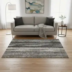 Photo of Brown Gray And Ivory Striped Washable Area Rug With UV Protection