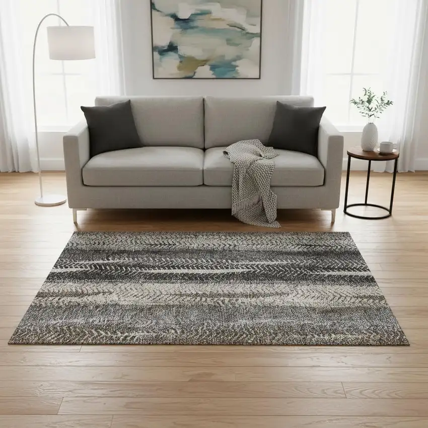 Brown Gray And Ivory Striped Washable Area Rug With UV Protection Photo 1