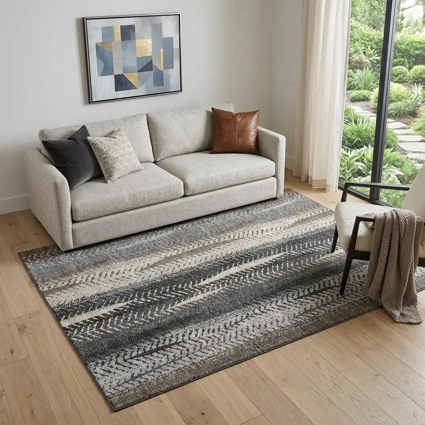 Brown Gray And Ivory Striped Washable Area Rug With UV Protection Photo 1