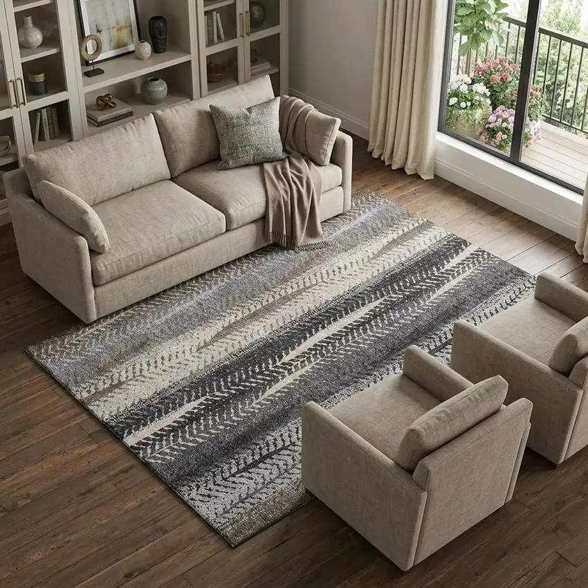 Brown Gray And Ivory Striped Washable Area Rug With UV Protection Photo 1